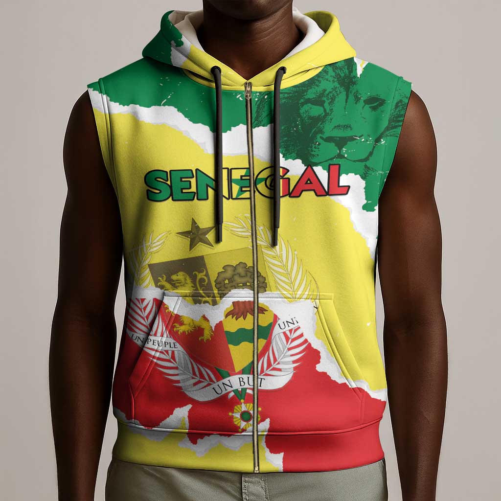 Custom Senegal Beach Soccer 2025 Sleeveless Zip Hoodie Go Champions - Grunge Style - African Pride