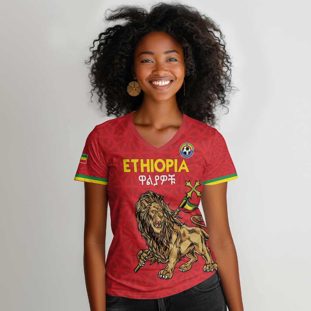 Custom Ethiopia Football Women V-Neck T-Shirt Go Champions