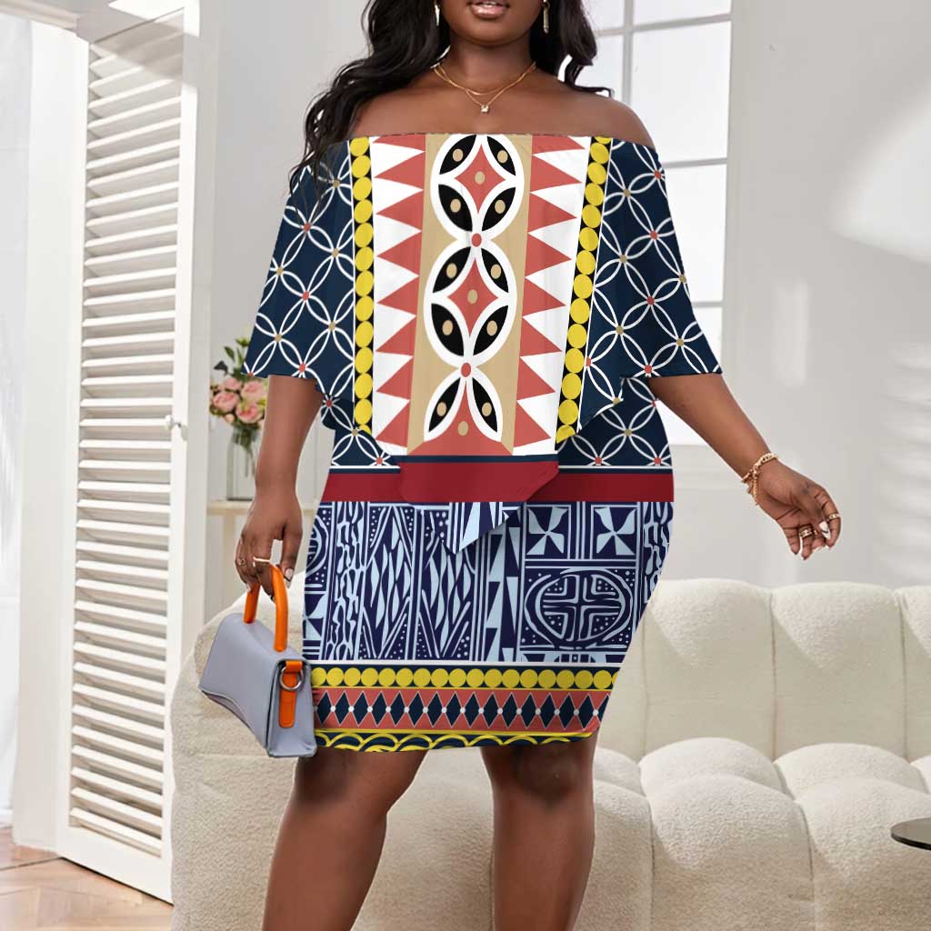 Toghu Bamenda Off Shoulder Short Dress Cameroon Traditional Pattern