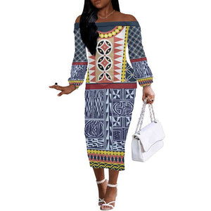 Toghu Bamenda Off The Shoulder Long Sleeve Dress Cameroon Traditional Pattern