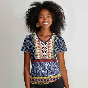 Toghu Bamenda Women V-Neck T-Shirt Cameroon Traditional Pattern