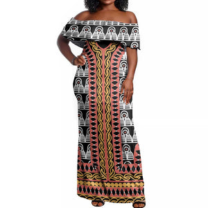 Cameroon Off Shoulder Maxi Dress Toghu Traditional Pattern