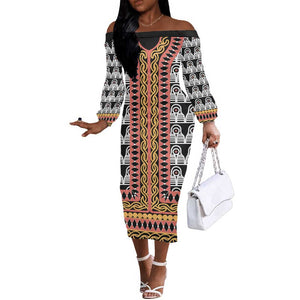 Cameroon Off The Shoulder Long Sleeve Dress Toghu Traditional Pattern