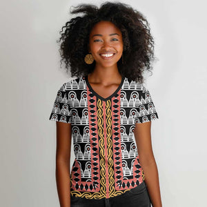 Cameroon Women V-Neck T-Shirt Toghu Traditional Pattern