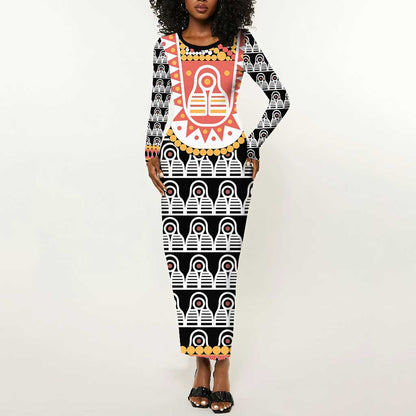 Cameroon Traditional Toghu Pattern Long Sleeve Bodycon Dress LT15