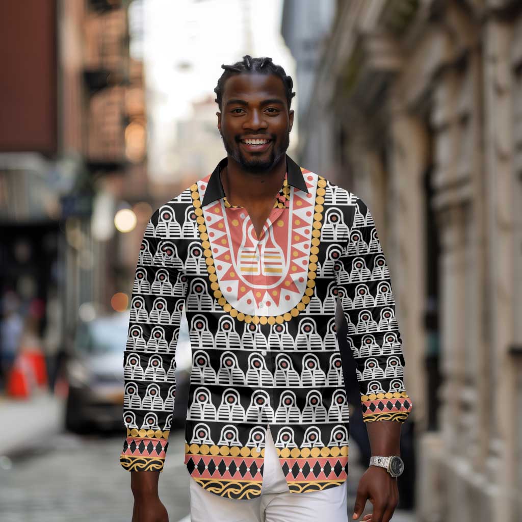 Cameroon Traditional Toghu Pattern Long Sleeve Button Shirt