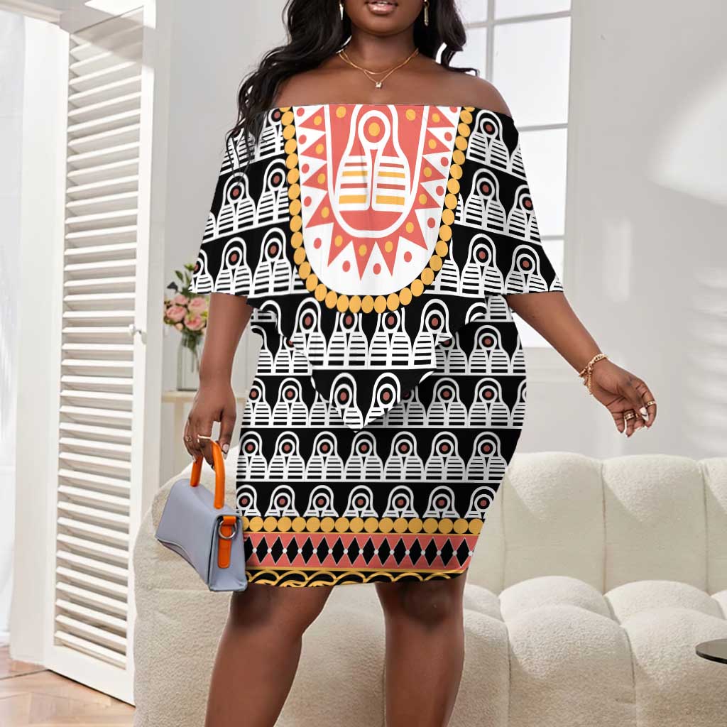 Cameroon Traditional Toghu Pattern Off Shoulder Short Dress