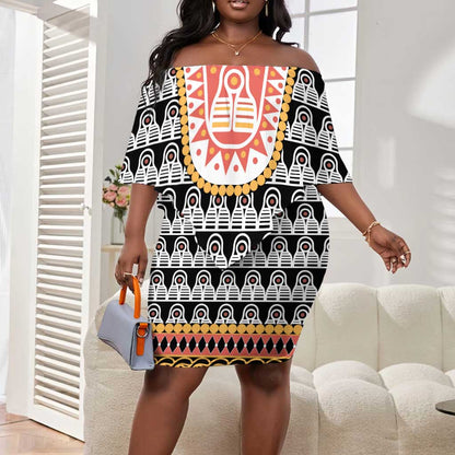 Cameroon Traditional Toghu Pattern Off Shoulder Short Dress