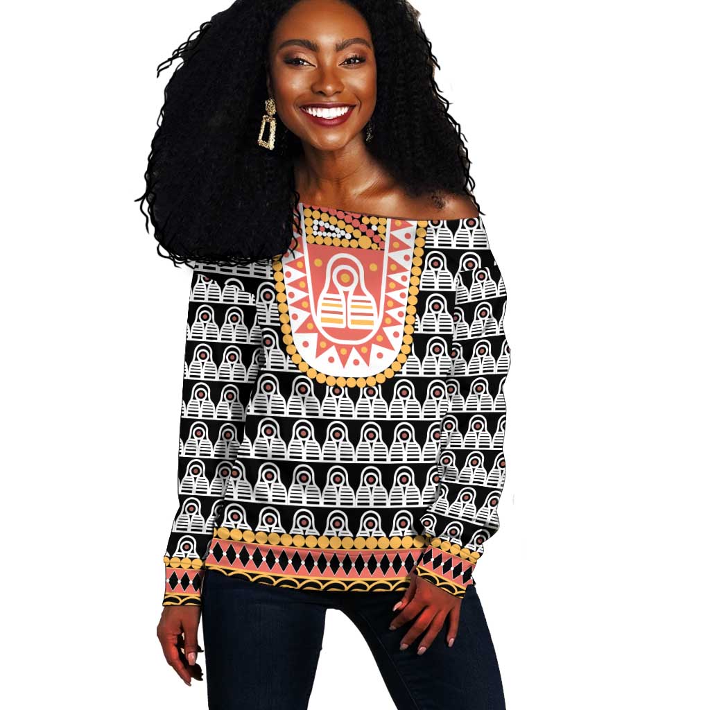 Cameroon Traditional Toghu Pattern Off Shoulder Sweater