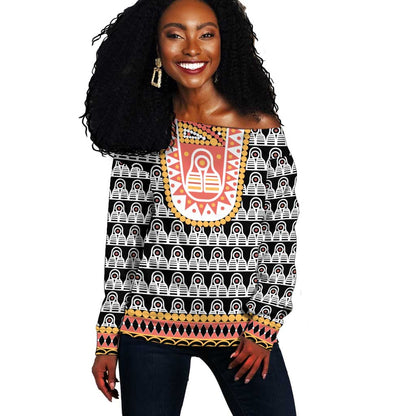 Cameroon Traditional Toghu Pattern Off Shoulder Sweater