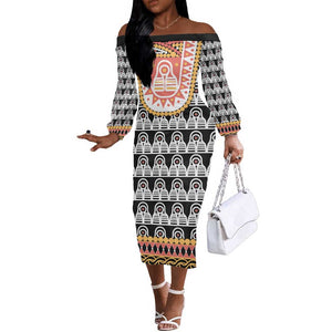 Cameroon Traditional Toghu Pattern Off The Shoulder Long Sleeve Dress