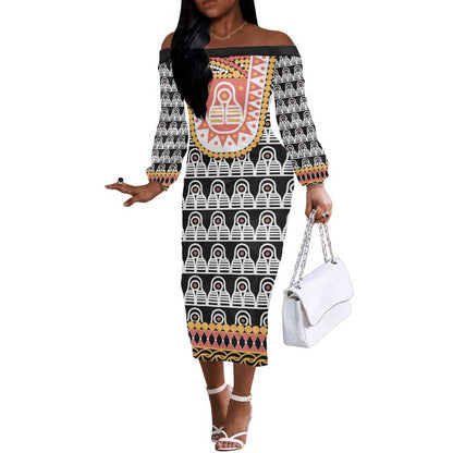 Cameroon Traditional Toghu Pattern Off The Shoulder Long Sleeve Dress