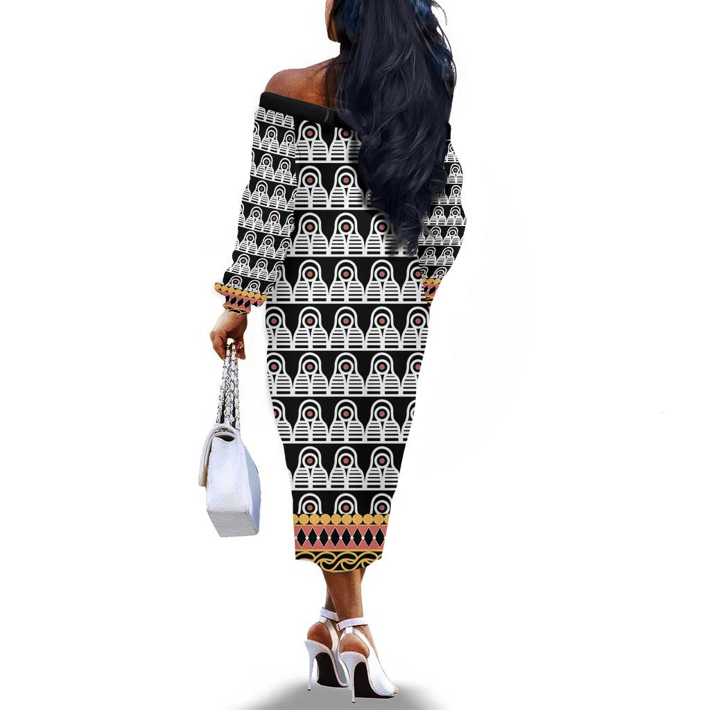 Cameroon Traditional Toghu Pattern Off The Shoulder Long Sleeve Dress
