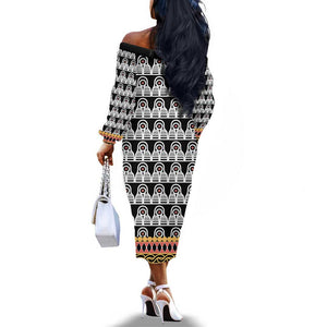 Cameroon Traditional Toghu Pattern Off The Shoulder Long Sleeve Dress
