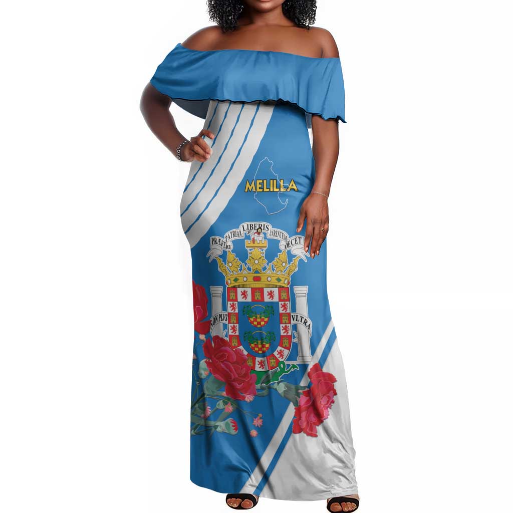Melilla Spain Off Shoulder Maxi Dress Coat Of Arms With Map