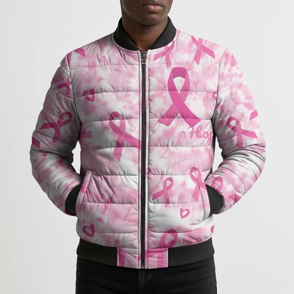 Breast Cancer Awareness Pink Ribbon Bomber Puffer Jacket Tie Dye Style