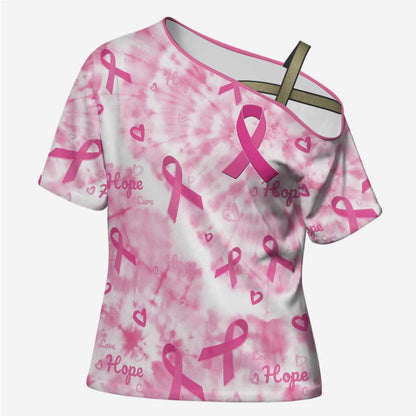 Breast Cancer Awareness Pink Ribbon Cross Shoulder Shirt Tie Dye Style