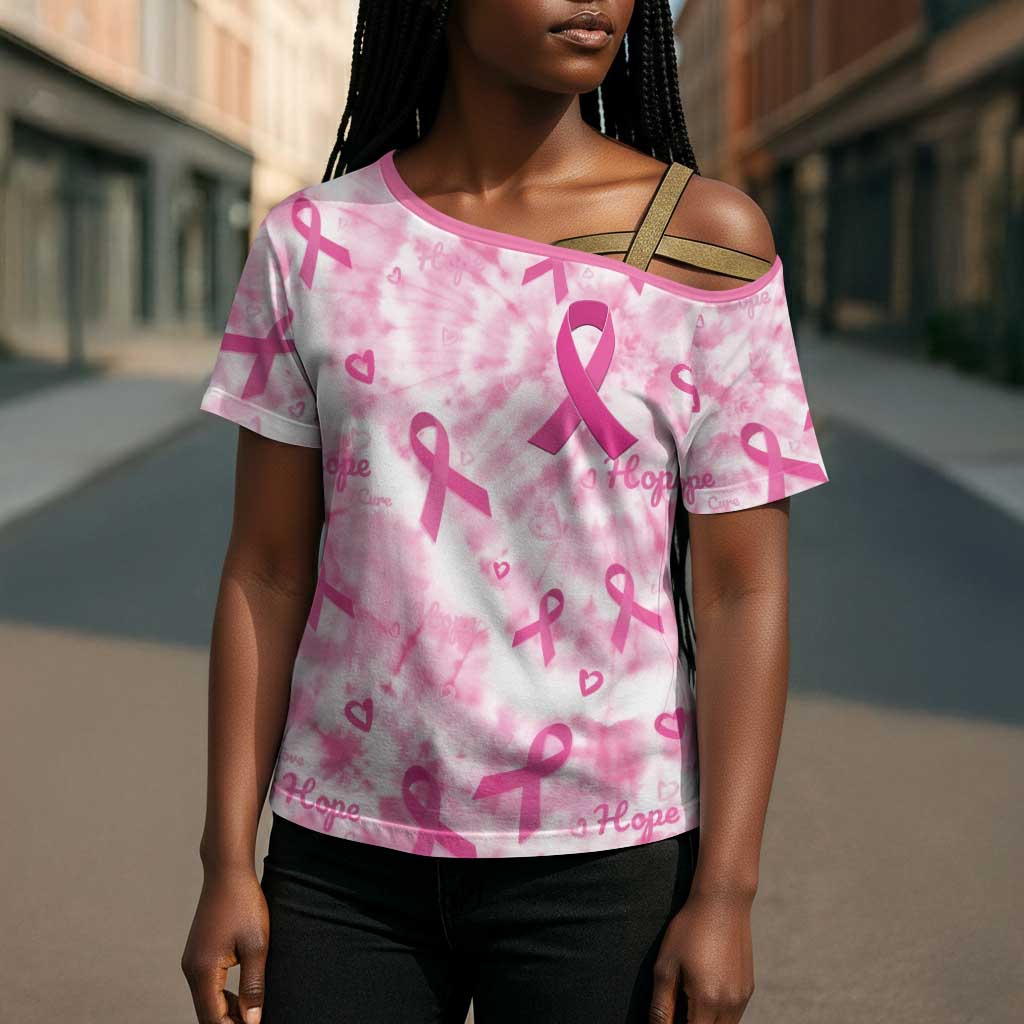 Breast Cancer Awareness Pink Ribbon Cross Shoulder Shirt Tie Dye Style