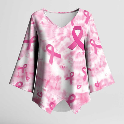 Breast Cancer Awareness Pink Ribbon Kimono Sleeve Blouse Tie Dye Style
