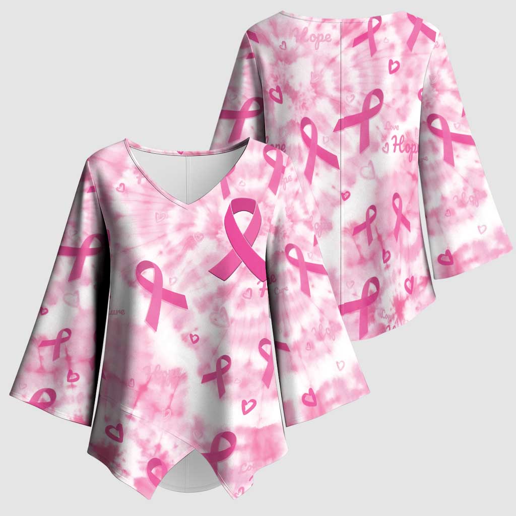 Breast Cancer Awareness Pink Ribbon Kimono Sleeve Blouse Tie Dye Style
