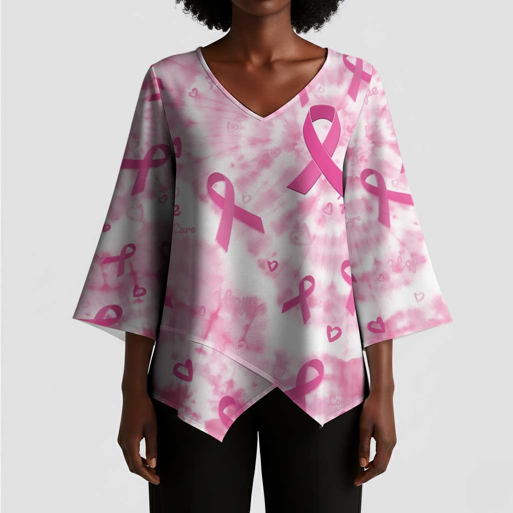 Breast Cancer Awareness Pink Ribbon Kimono Sleeve Blouse Tie Dye Style