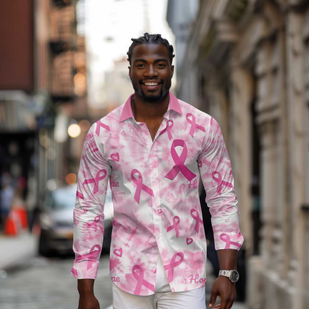 Pink Ribbon With Tie Dye Long Sleeve Button Shirt Breast Cancer Awareness - African Pride