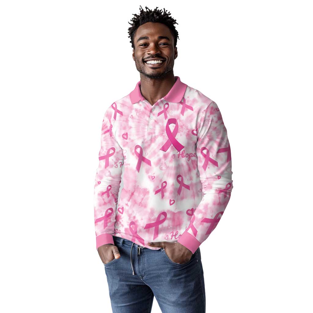 Pink Ribbon With Tie Dye Long Sleeve Polo Shirt Breast Cancer Awareness - African Pride