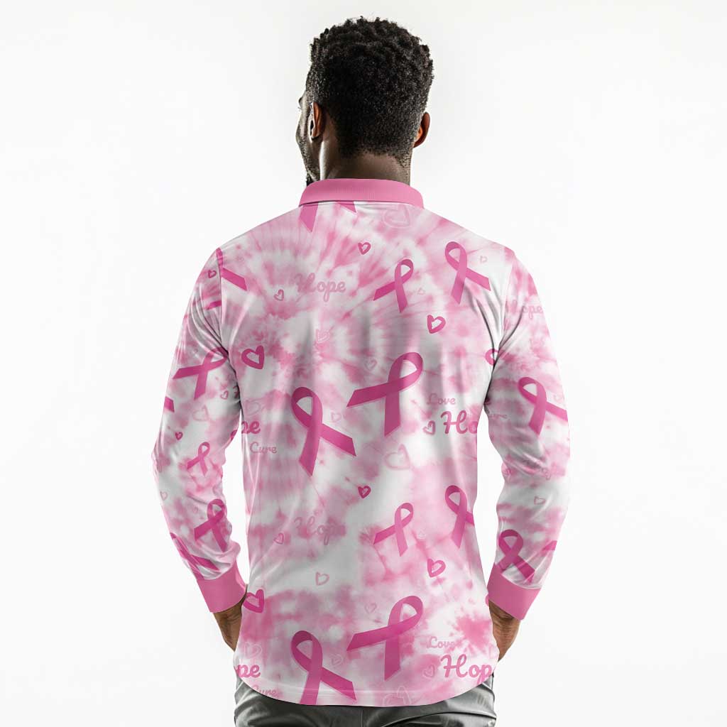 Pink Ribbon With Tie Dye Long Sleeve Polo Shirt Breast Cancer Awareness - African Pride