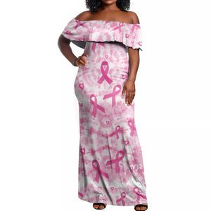 Pink Ribbon With Tie Dye Off Shoulder Maxi Dress Breast Cancer Awareness - African Pride