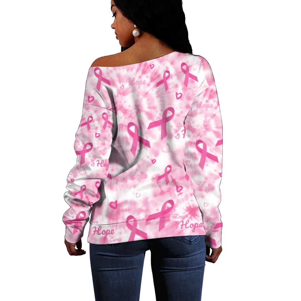 Pink Ribbon With Tie Dye Off Shoulder Sweater Breast Cancer Awareness - African Pride