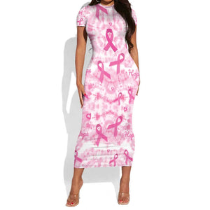 Pink Ribbon With Tie Dye Short Sleeve Bodycon Dress Breast Cancer Awareness - African Pride