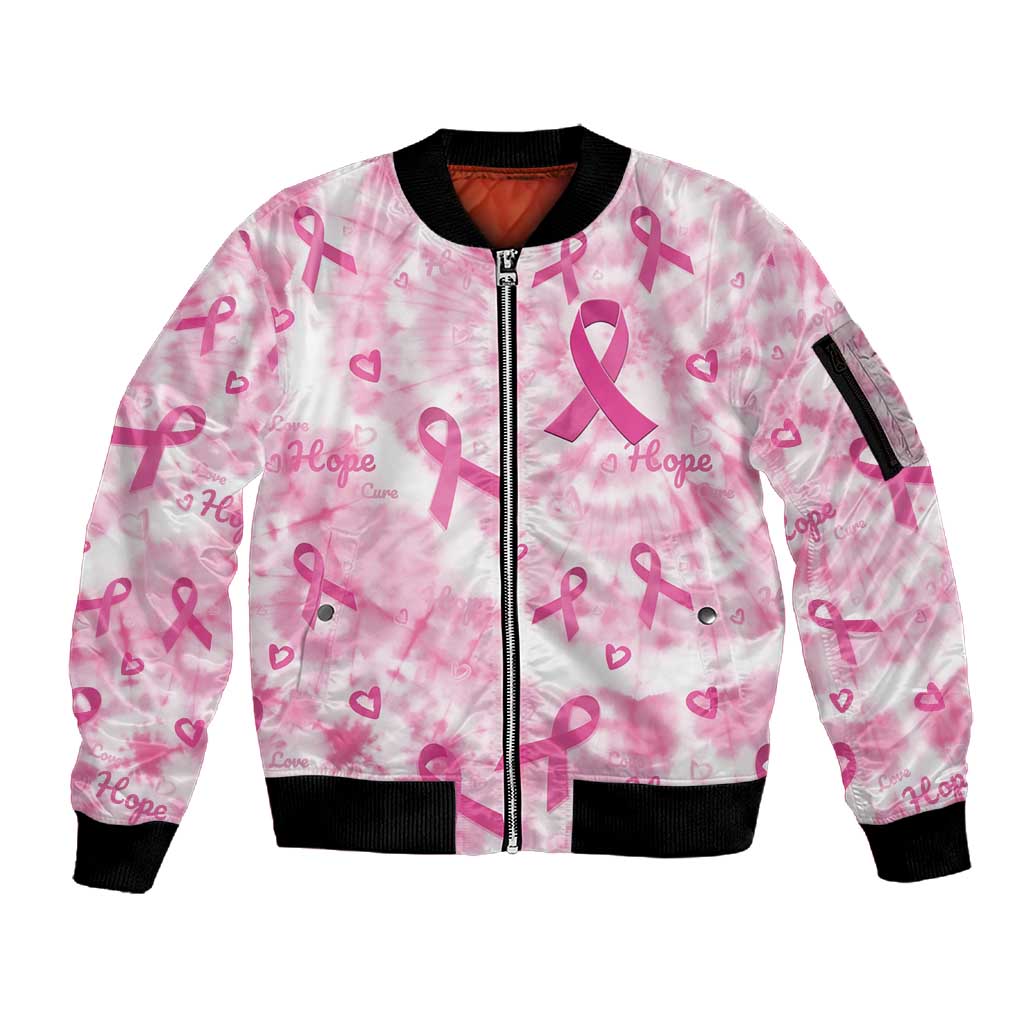 Pink Ribbon With Tie Dye Sleeve Zip Bomber Jacket Breast Cancer Awareness - African Pride
