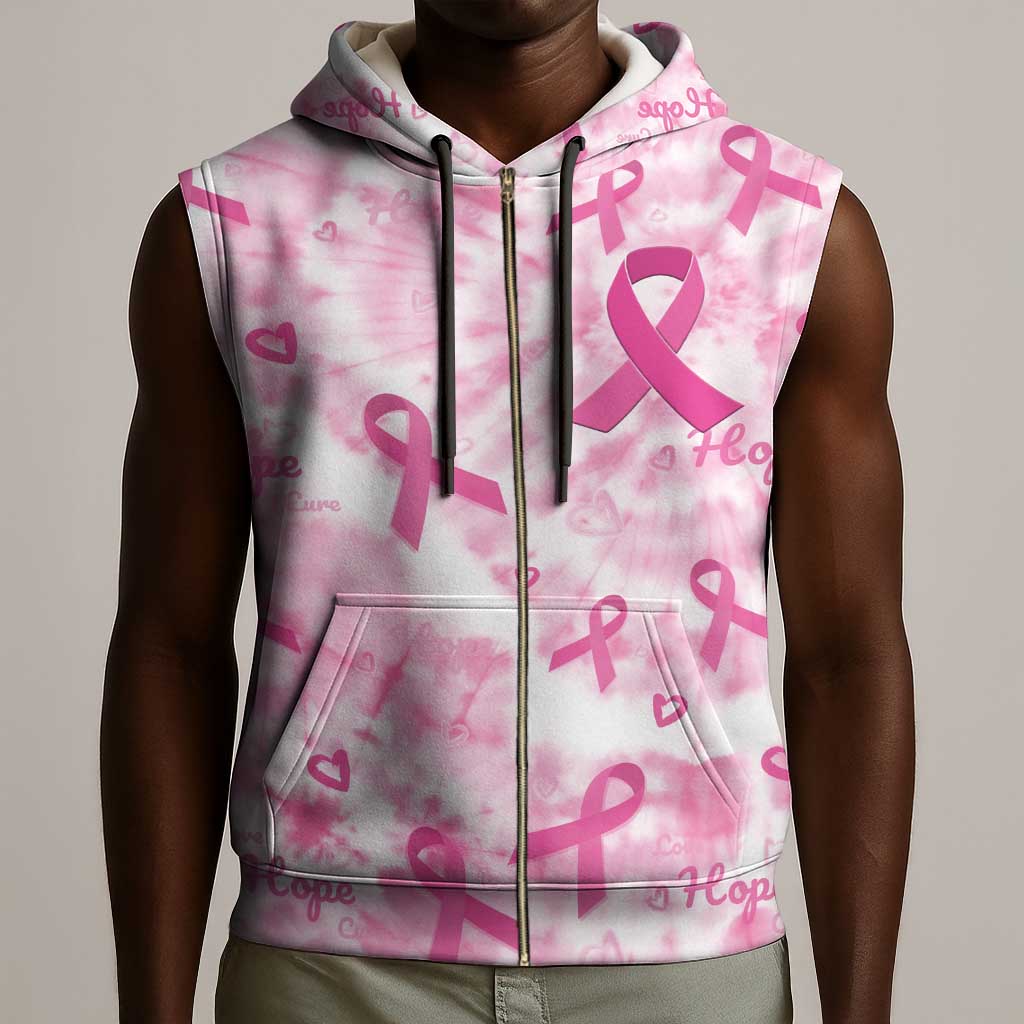 Pink Ribbon With Tie Dye Sleeveless Zip Hoodie Breast Cancer Awareness - African Pride