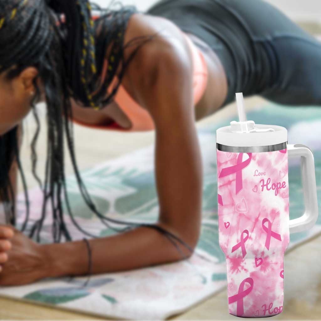 Pink Ribbon With Tie Dye Tumbler With Handle Breast Cancer Awareness - African Pride