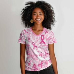 Pink Ribbon With Tie Dye Women V-Neck T-Shirt Breast Cancer Awareness - African Pride