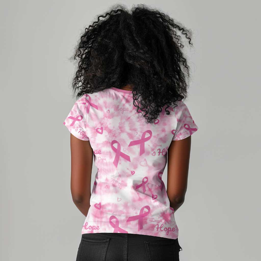 Pink Ribbon With Tie Dye Women V-Neck T-Shirt Breast Cancer Awareness - African Pride