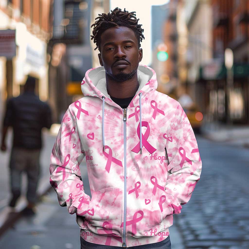 Pink Ribbon With Tie Dye Zip Hoodie Breast Cancer Awareness - African Pride
