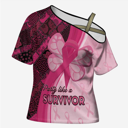 Breast Cancer Awareness Cross Shoulder Shirt Party Like A Survivor - Pink African Pattern