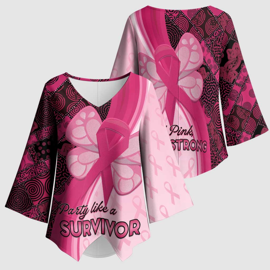 Breast Cancer Awareness Kimono Sleeve Blouse Party Like A Survivor - Pink African Pattern