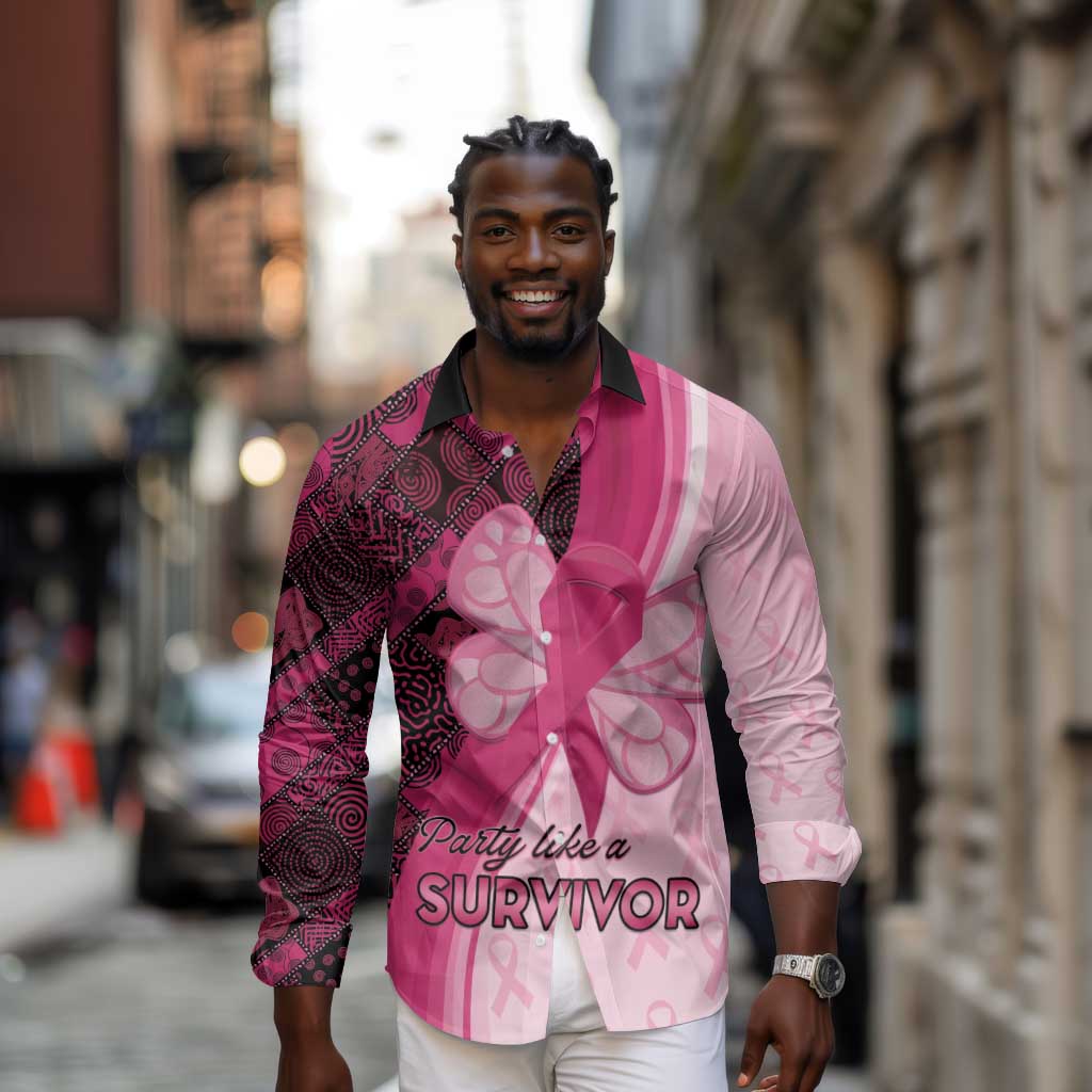 Breast Cancer Awareness Long Sleeve Button Shirt Think Pink - African Pattern - African Pride