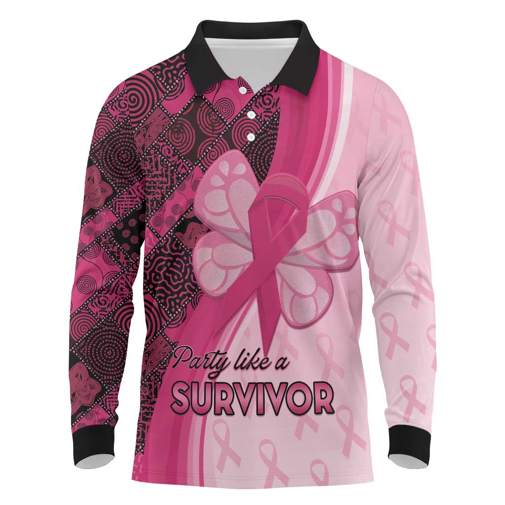 Breast Cancer Awareness Long Sleeve Polo Shirt Think Pink - African Pattern - African Pride