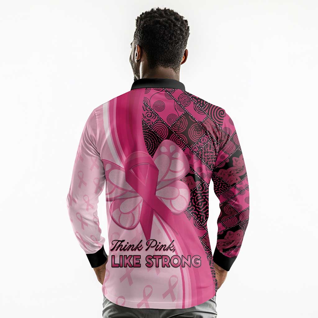 Breast Cancer Awareness Long Sleeve Polo Shirt Think Pink - African Pattern - African Pride