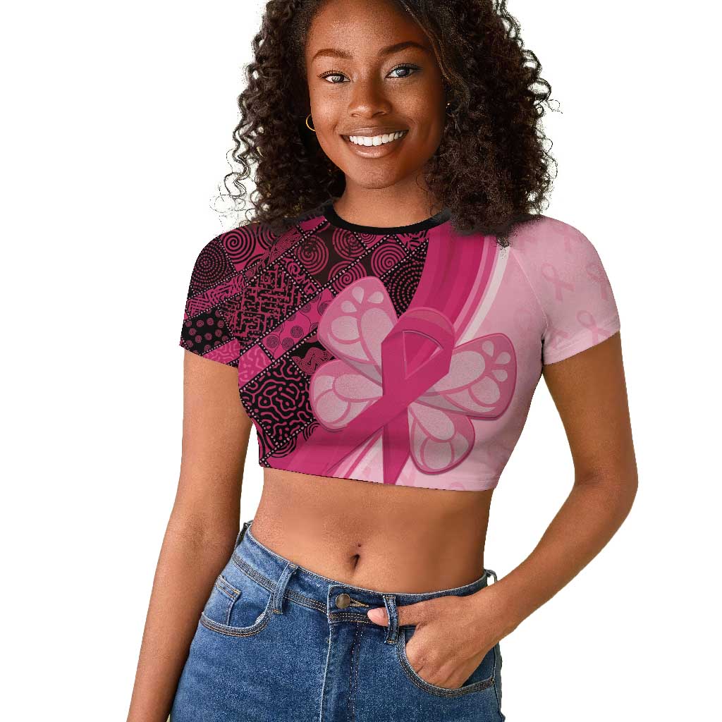 Breast Cancer Awareness Raglan Cropped T shirt Think Pink - African Pattern - African Pride