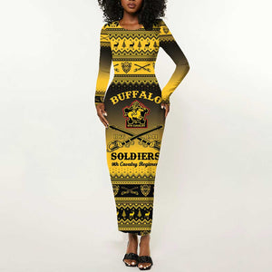 Afro Christmas Buffalo Soldiers Long Sleeve Bodycon Dress 9th Cavalry Regiment - African Pride