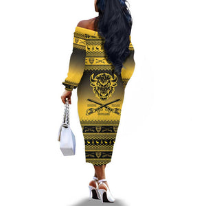 Afro Christmas Buffalo Soldiers Off The Shoulder Long Sleeve Dress 9th Cavalry Regiment - African Pride