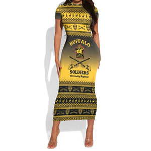 Afro Christmas Buffalo Soldiers Short Sleeve Bodycon Dress 9th Cavalry Regiment - African Pride