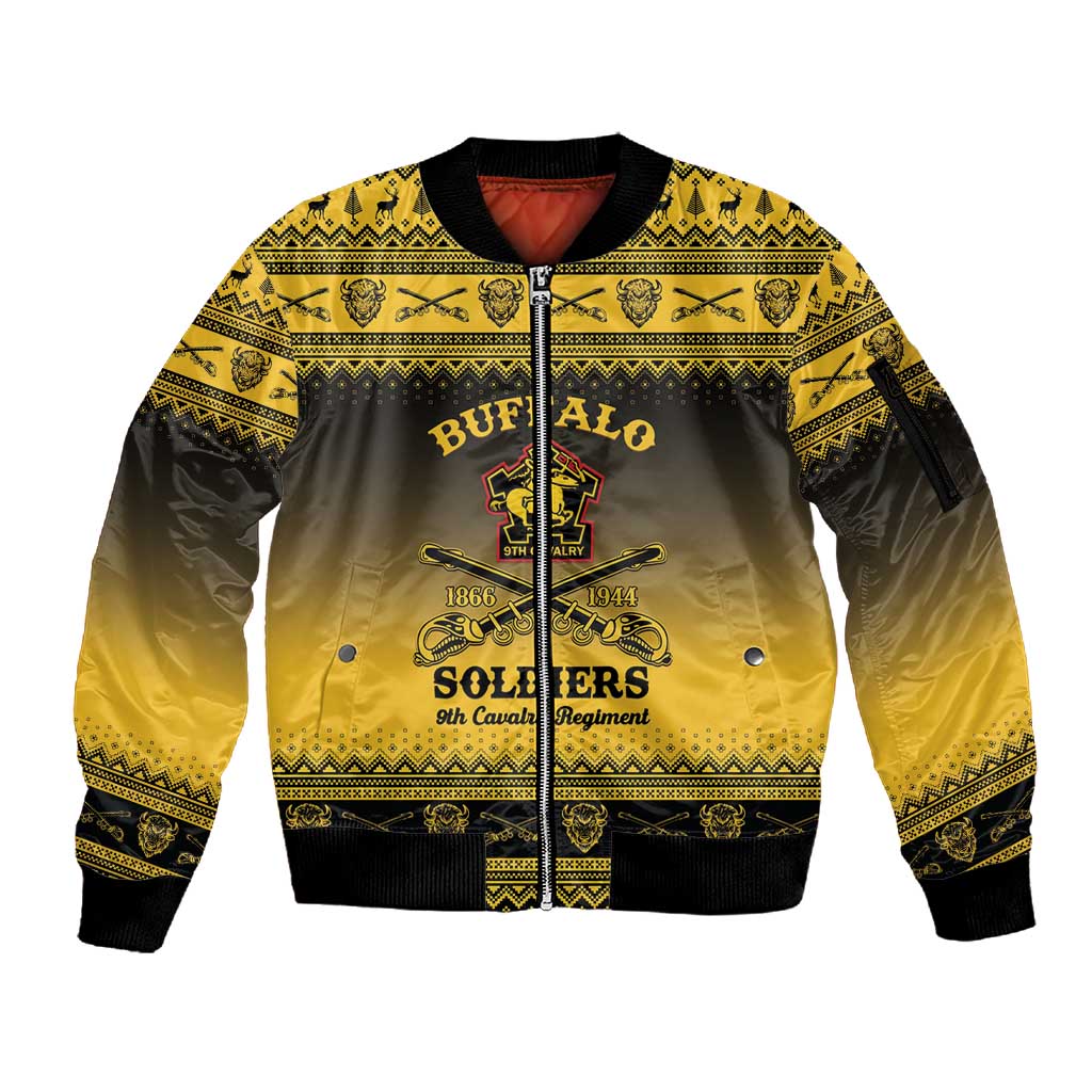 Afro Christmas Buffalo Soldiers Sleeve Zip Bomber Jacket 9th Cavalry Regiment - African Pride
