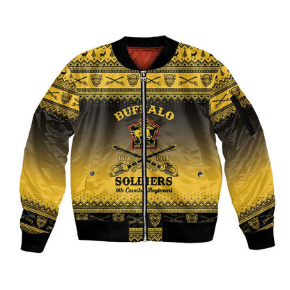 Afro Christmas Buffalo Soldiers Sleeve Zip Bomber Jacket 9th Cavalry Regiment - African Pride