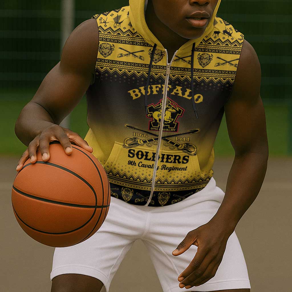 Afro Christmas Buffalo Soldiers Sleeveless Zip Hoodie 9th Cavalry Regiment - African Pride