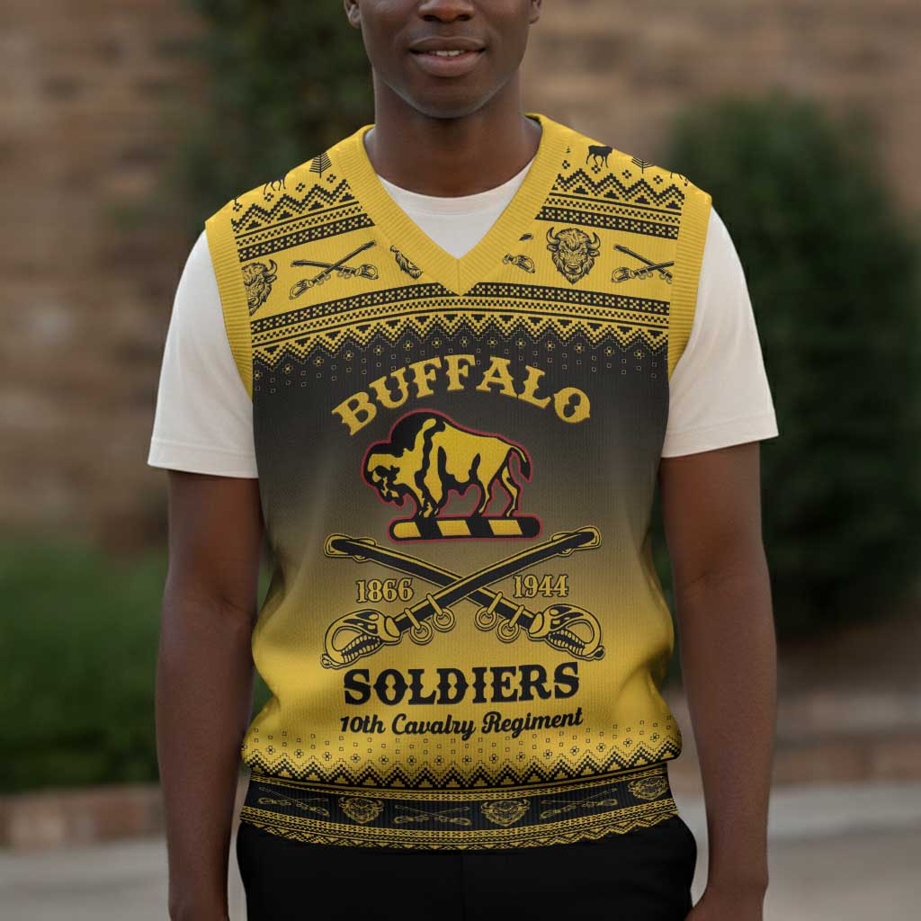 Afro Christmas Buffalo Soldiers Christmas Knitted V-Neck Vest 10th Cavalry Regiment - African Pride